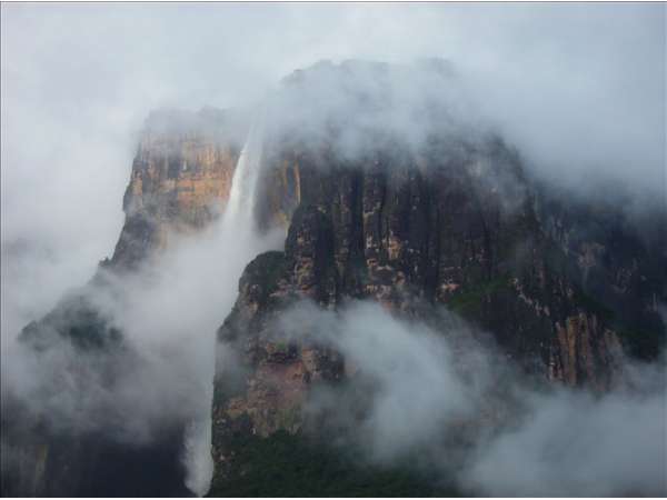 Canaima_Angel Falls The massive Angel Falls are the main attraction in Canaima National Park, Venezuela. Water plunges for 978m and is named after Jimmy Angel, who landed his plane atop the falls when in search of El Dorado (the mythical city of gold).